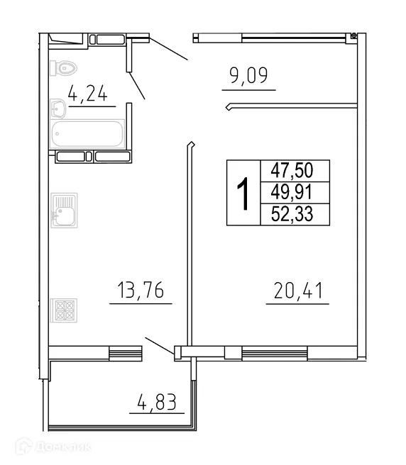 Планировка 1-комнатной квартиры 52.33 м² в ЖК "Дом у Космопорта-2", г. Самара — фото 1