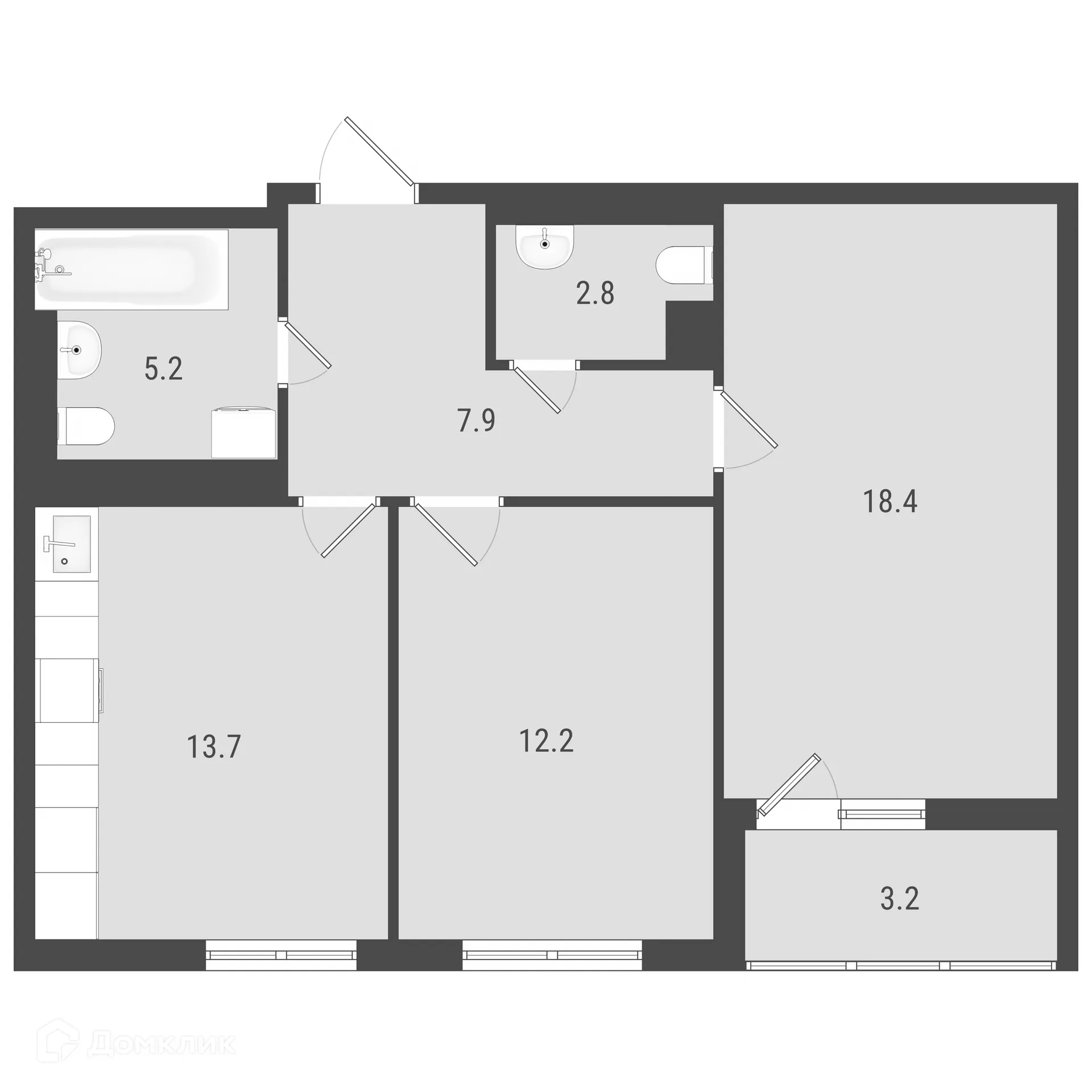 Планировка 2-комнатной квартиры 61.68 м² в ЖК Макрорайон АМГРАД, г. Самара — фото 1