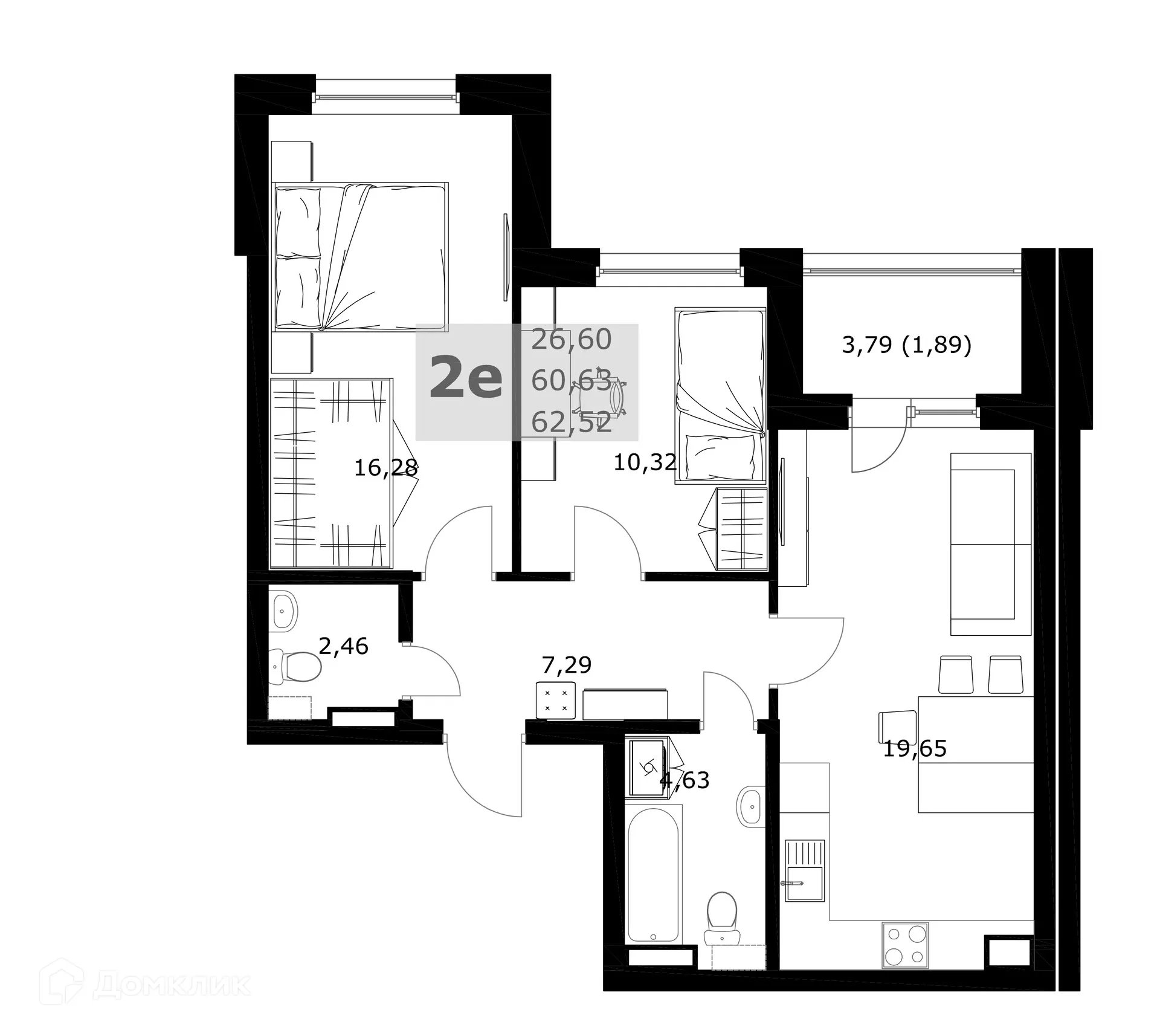 Планировка 2-комнатной квартиры 62.52 м² в ЖК Комфорт, г. Самара — фото 2