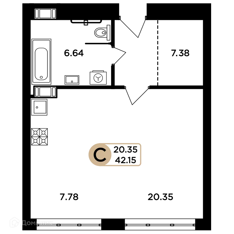 Планировка студии квартиры 42.15 м² в ЖК Легенда, г. Самара — фото 2