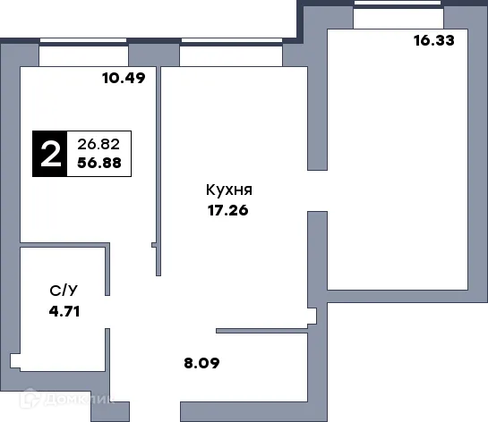 Планировка 2-комнатной квартиры 58.4 м² в ЖК Заречье, г. Самара — фото 1