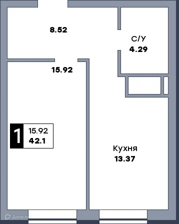 Планировка 1-комнатной квартиры 42.07 м² в ЖК СПУТНИК, г. Самара — фото 1