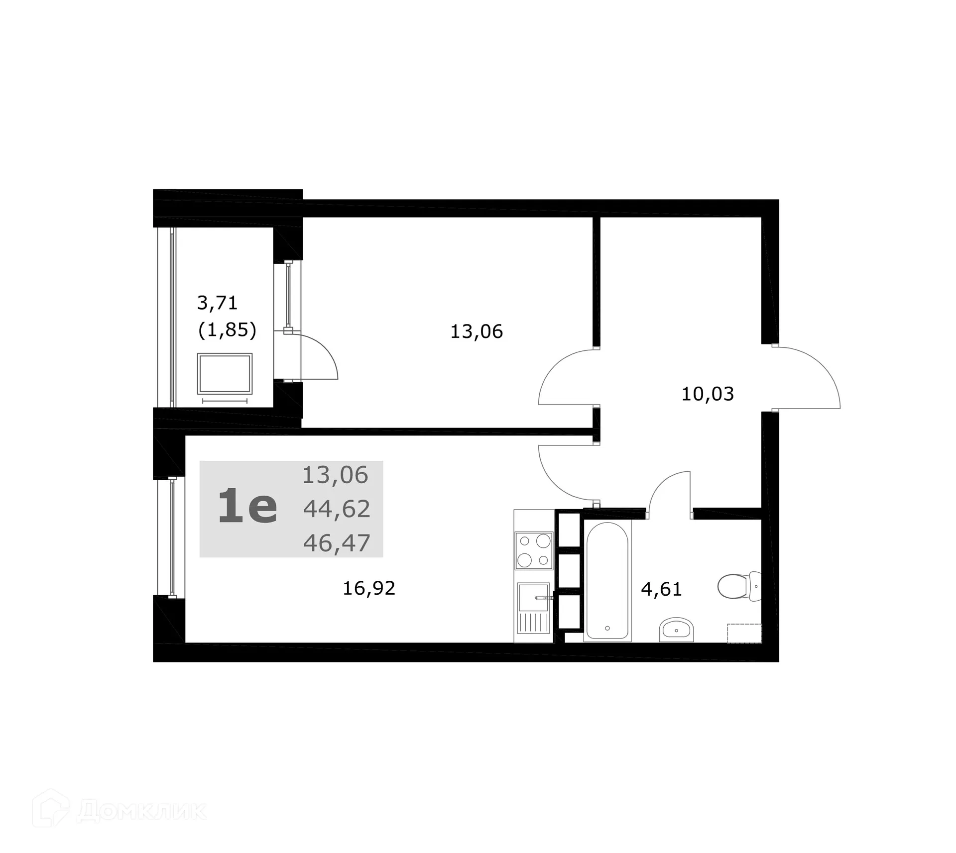 Планировка 1-комнатной квартиры 46.47 м² в ЖК Комфорт, г. Самара — фото 1