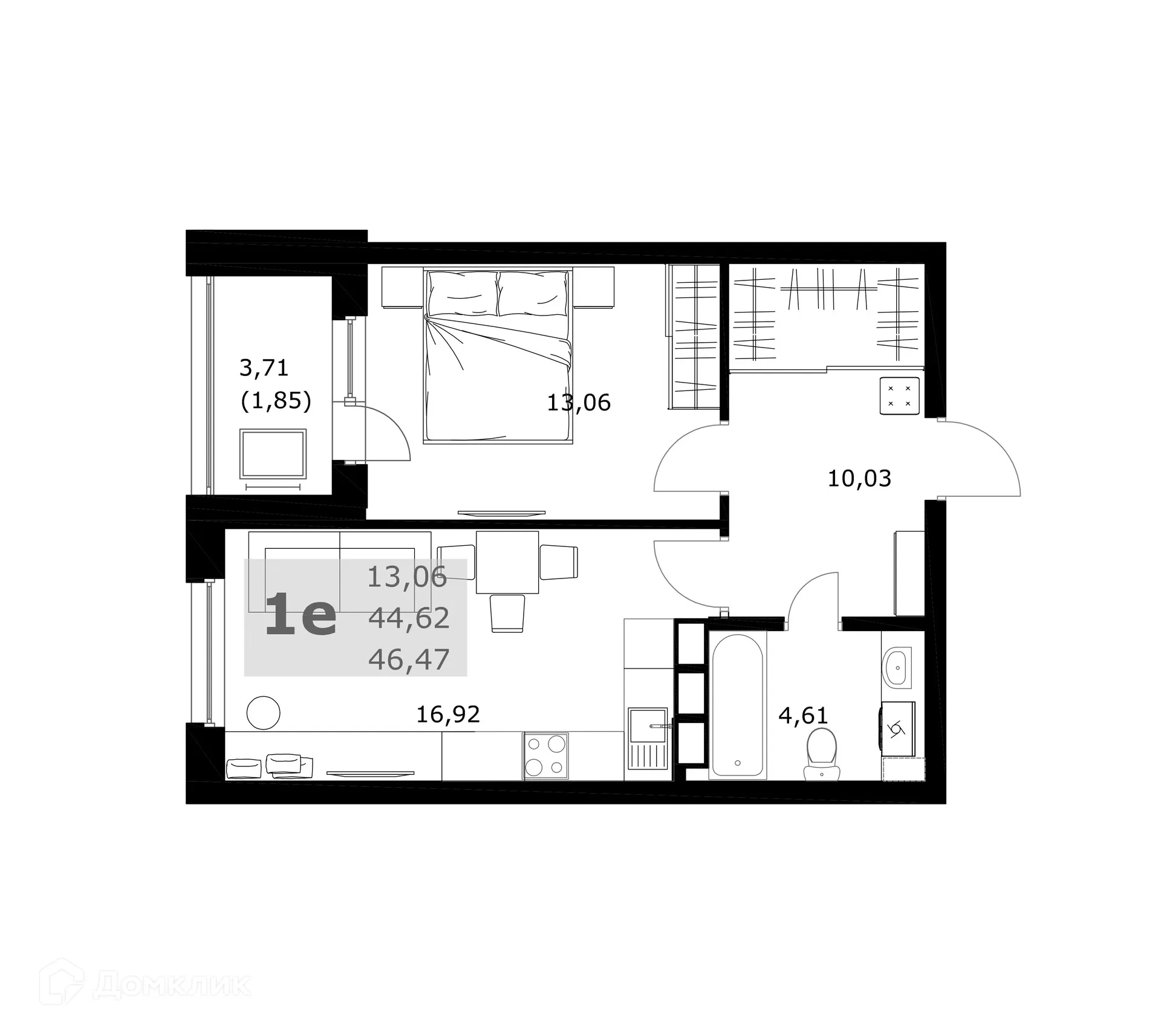 Планировка 1-комнатной квартиры 46.47 м² в ЖК Комфорт, г. Самара — фото 2