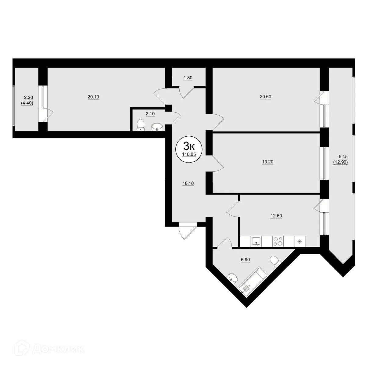 Планировка 3-комнатной квартиры 110.05 м² в ЖК КУЛЬТУРА, г. Самара — фото 16