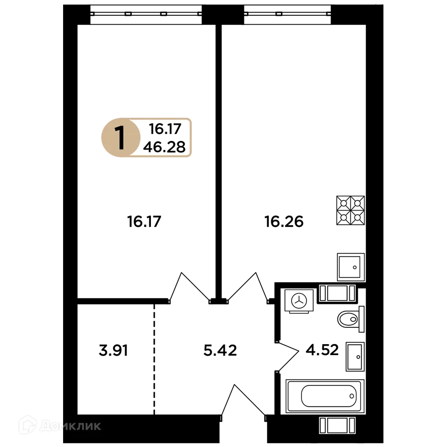 Планировка 1-комнатной квартиры 46.28 м² в ЖК Легенда, г. Самара — фото 1