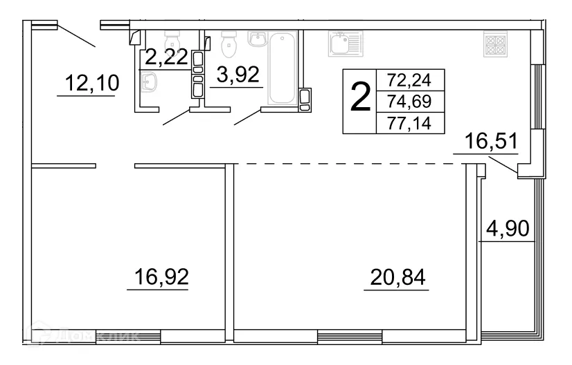Планировка 2-комнатной квартиры 77.72 м² в ЖК "Дом у Космопорта-2", г. Самара — фото 2