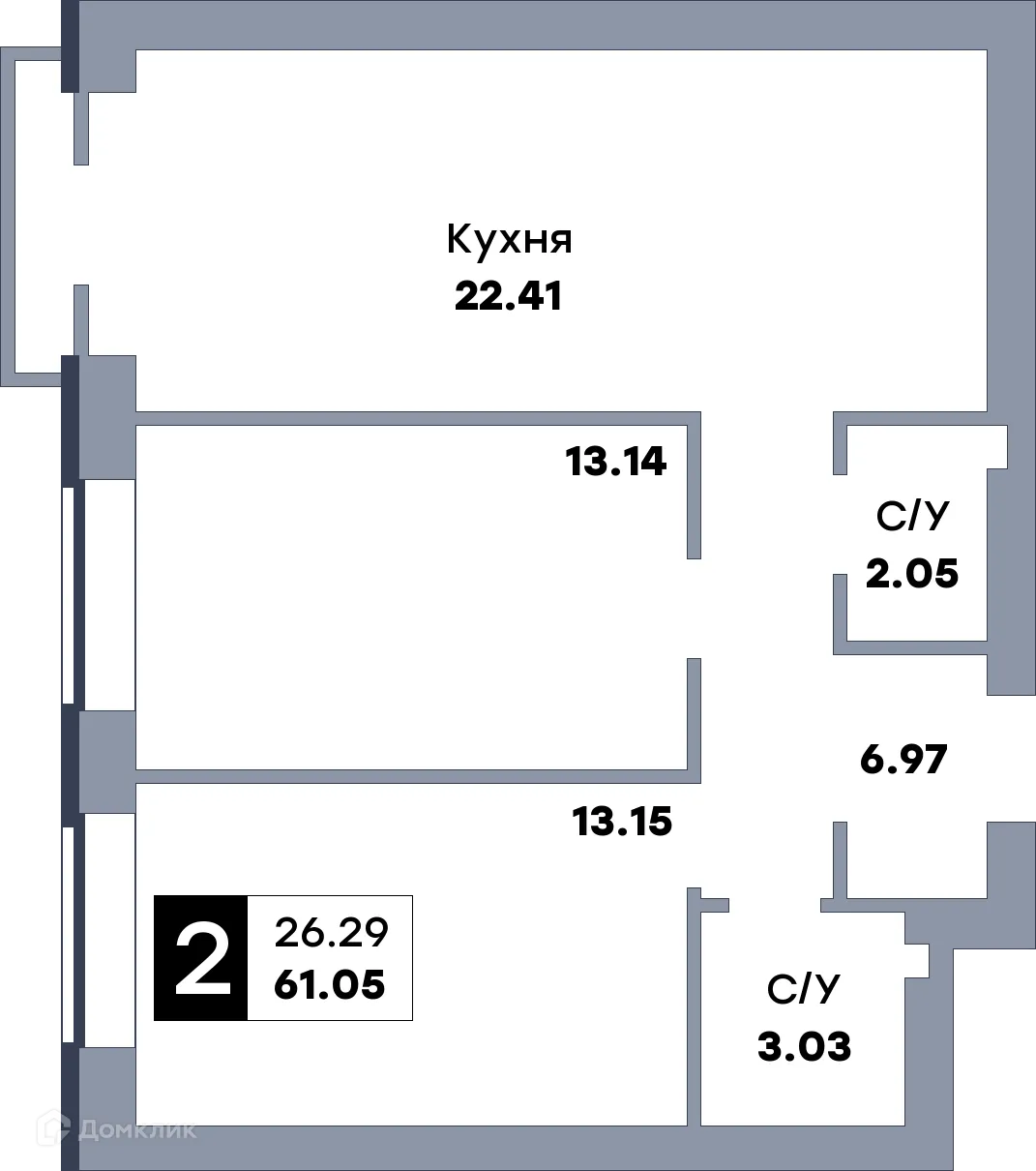 Планировка 2-комнатной квартиры 61.9 м² в ЖК Заречье, г. Самара — фото 1