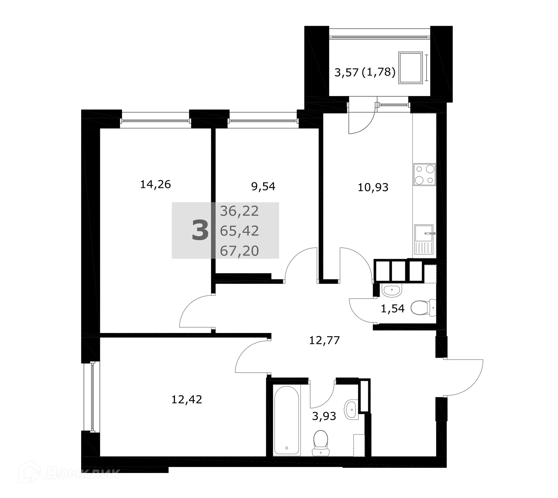 Планировка 3-комнатной квартиры 67.2 м² в ЖК Комфорт, г. Самара — фото 1