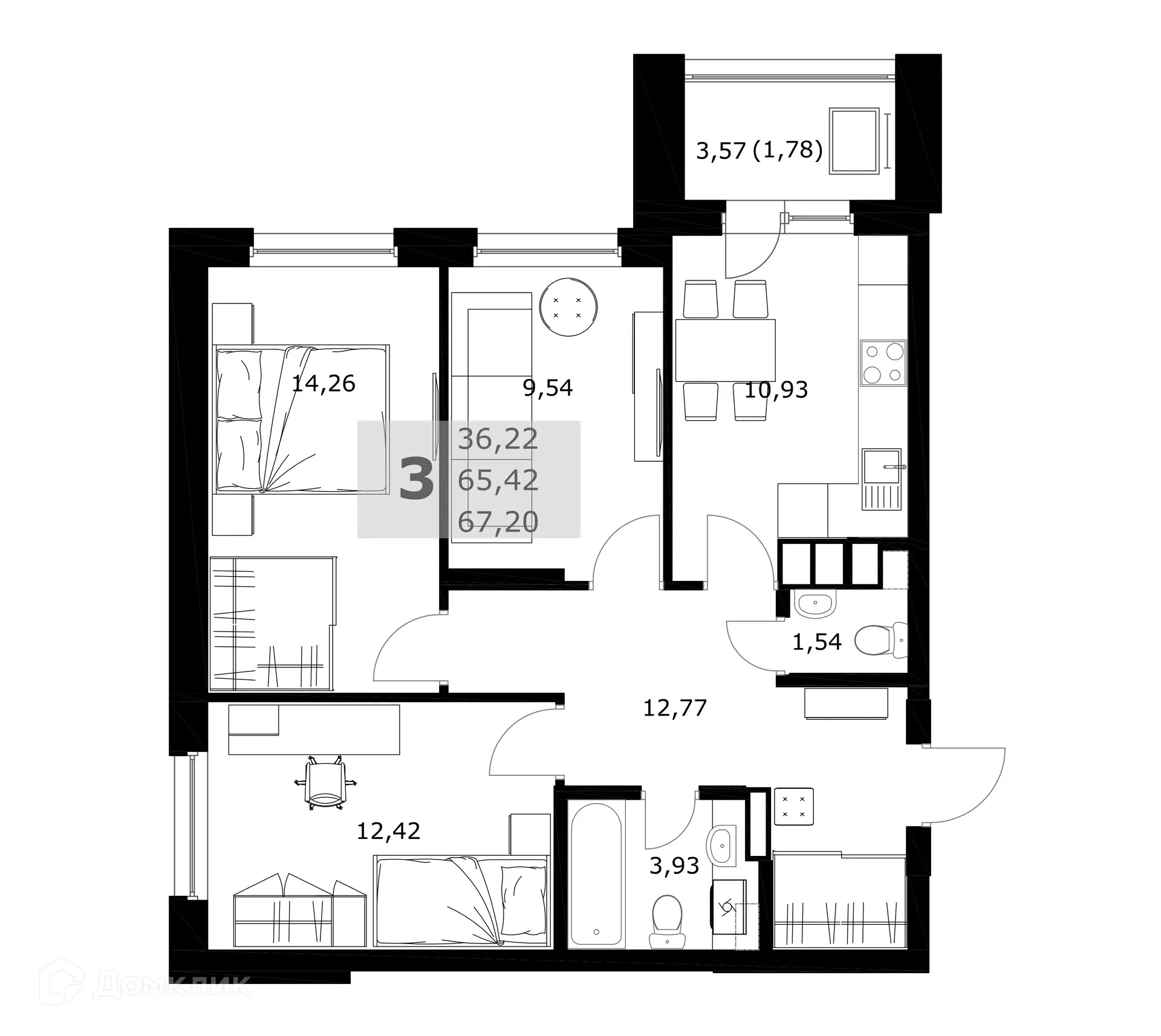 Планировка 3-комнатной квартиры 67.2 м² в ЖК Комфорт, г. Самара — фото 2
