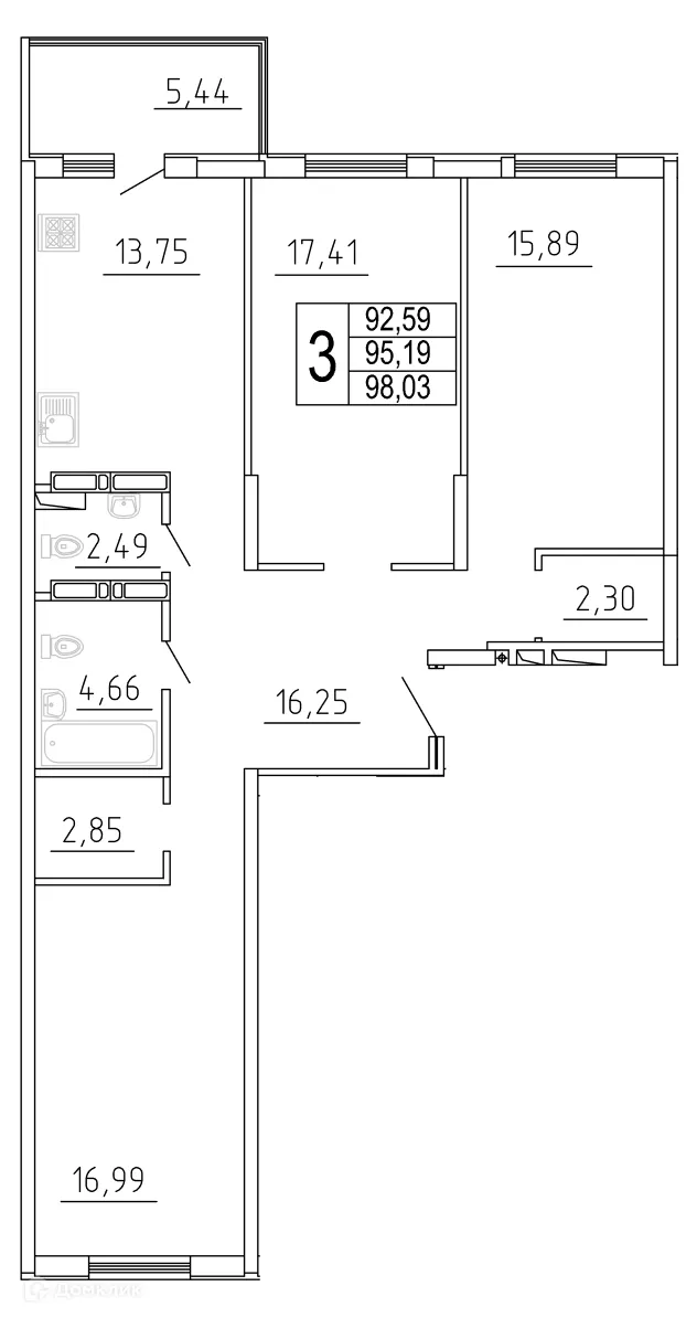 Планировка 3-комнатной квартиры 98.03 м² в ЖК "Дом у Космопорта-2", г. Самара — фото 1