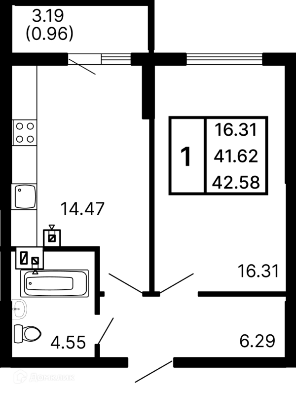 Планировка 1 комн. в ЖК Развитие