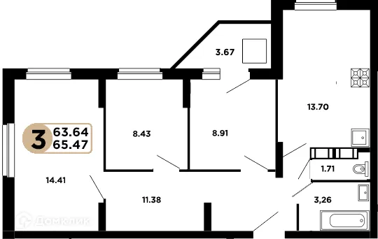 Планировка 3-комнатной квартиры 64.2 м² в ЖК Московский, г. Самара — фото 1