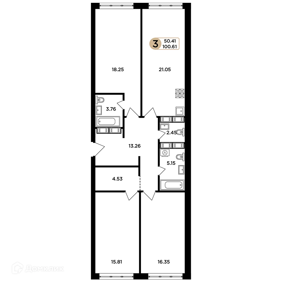 Планировка 3-комнатной квартиры 100.61 м² в ЖК Легенда, г. Самара — фото 1