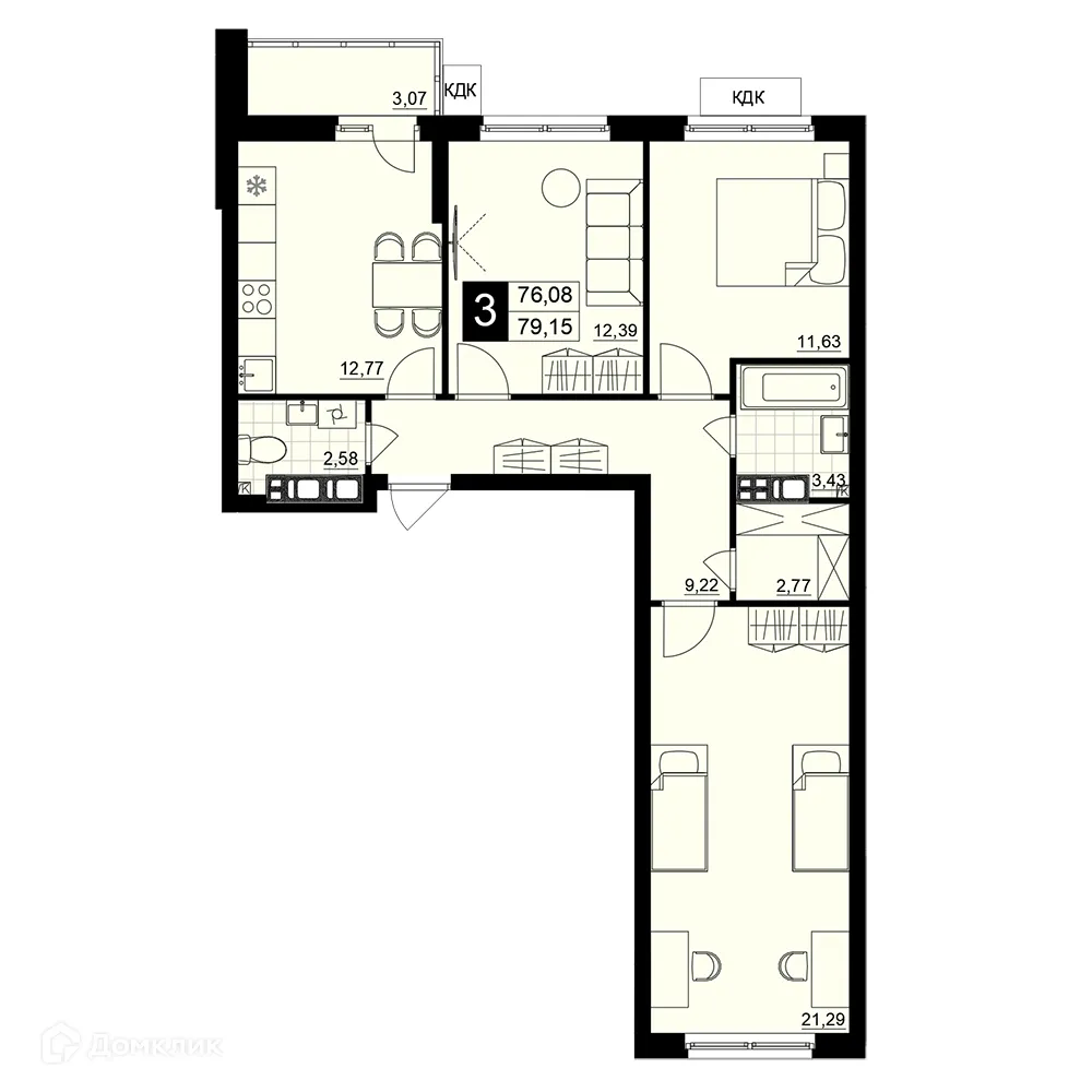 Планировка 3-комнатной квартиры 77.62 м² в ЖК Макрорайон АМГРАД, г. Самара — фото 1