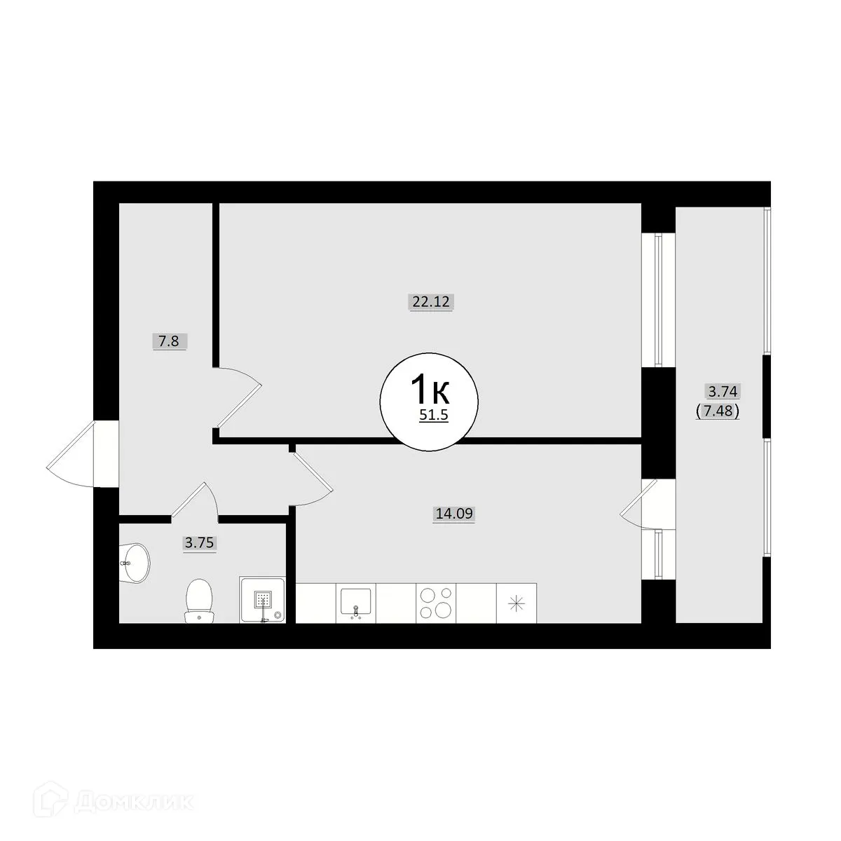 Планировка 1-комнатной квартиры 51.5 м² в ЖК КУЛЬТУРА, г. Самара — фото 1
