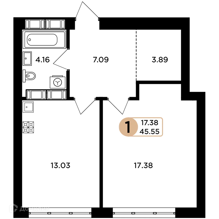 Планировка 1-комнатной квартиры 45.55 м² в ЖК Легенда, г. Самара — фото 2