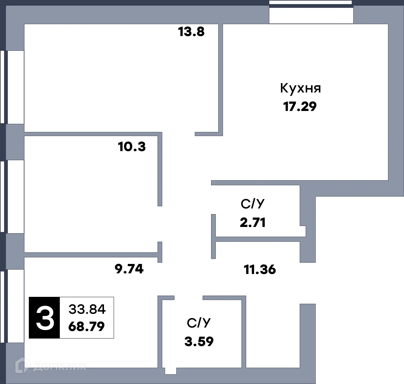 Планировка 3-комнатной квартиры 70.9 м² в ЖК Заречье, г. Самара — фото 1