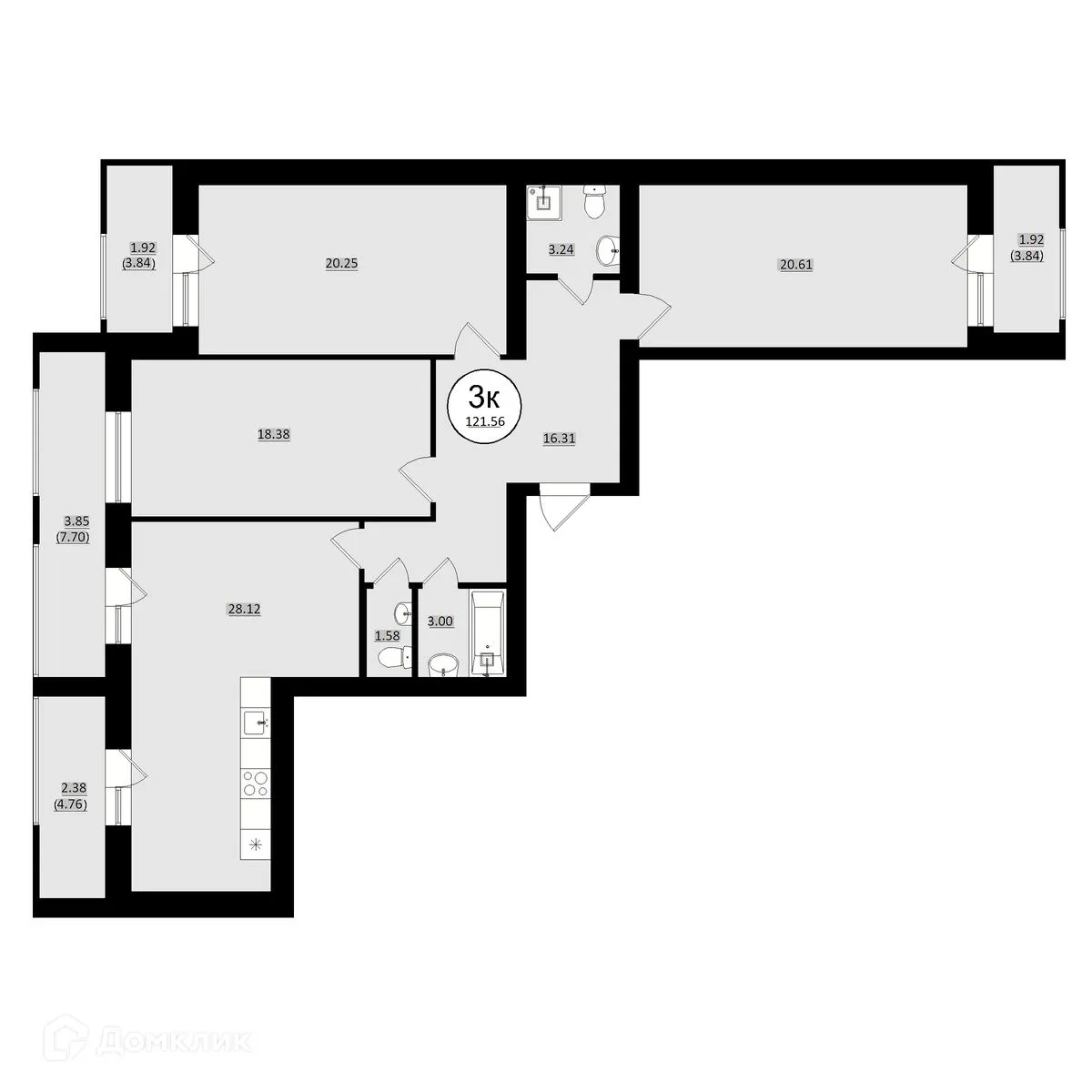Планировка 3-комнатной квартиры 121.56 м² в ЖК КУЛЬТУРА, г. Самара — фото 16
