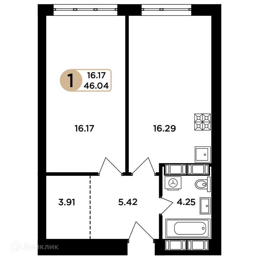 Планировка 1-комнатной квартиры 46.04 м² в ЖК Легенда, г. Самара — фото 1