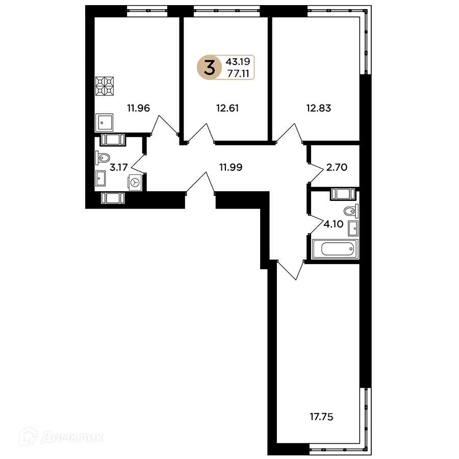 Планировка 3-комнатной квартиры 77.11 м² в ЖК Легенда, г. Самара — фото 1