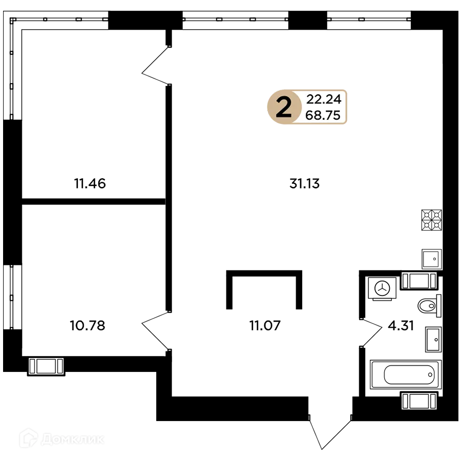 Планировка 2-комнатной квартиры 68.75 м² в ЖК Легенда, г. Самара — фото 1