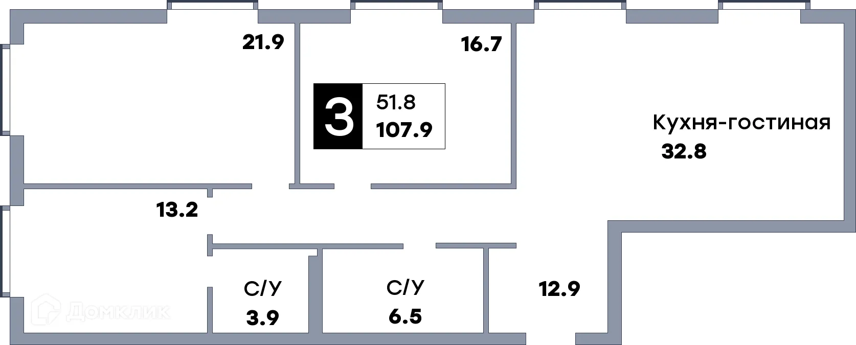 Планировка 3-комнатной квартиры 107.3 м² в ЖК Самара Сити, г. Самара — фото 1