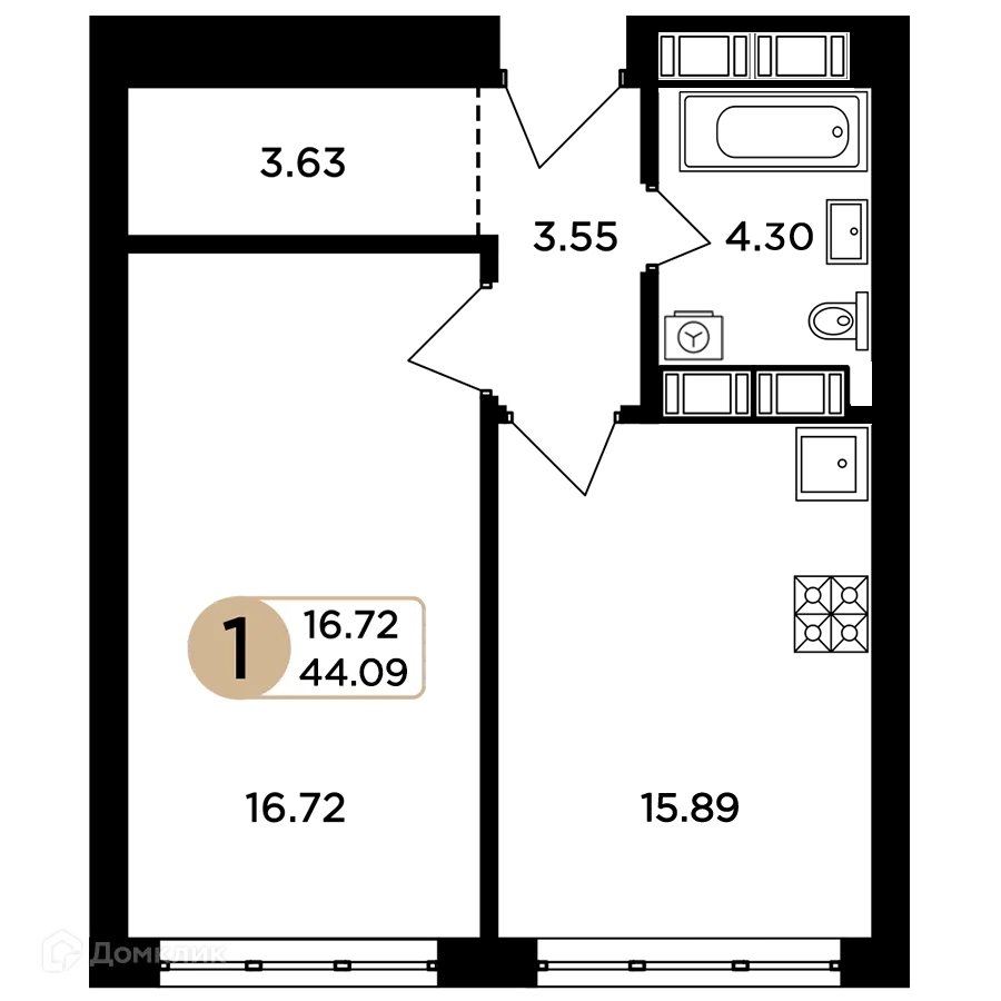 Планировка 1-комнатной квартиры 44.09 м² в ЖК Легенда, г. Самара — фото 2