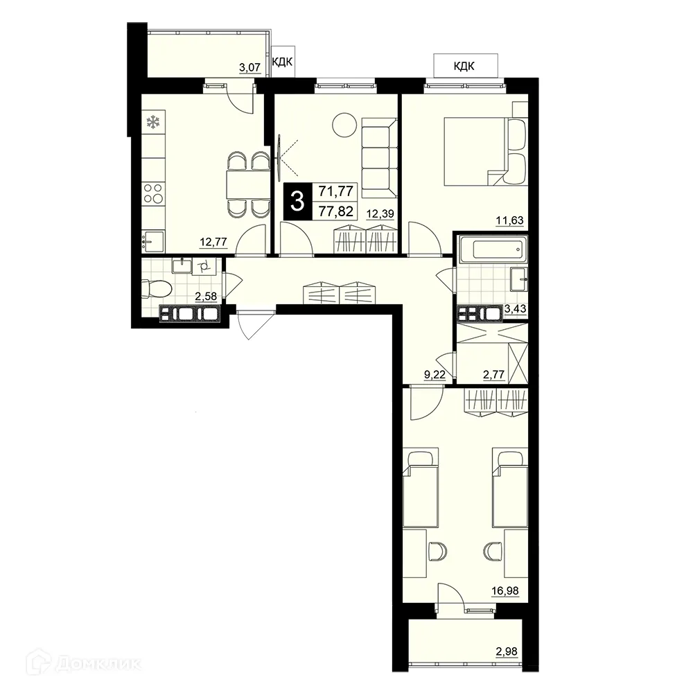 Планировка 3-комнатной квартиры 74.8 м² в ЖК Макрорайон АМГРАД, г. Самара — фото 1