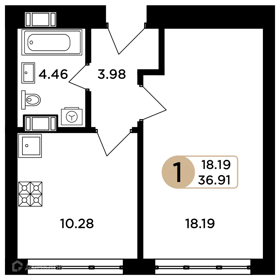 Планировка 1-комнатной квартиры 36.91 м² в ЖК Легенда, г. Самара — фото 1