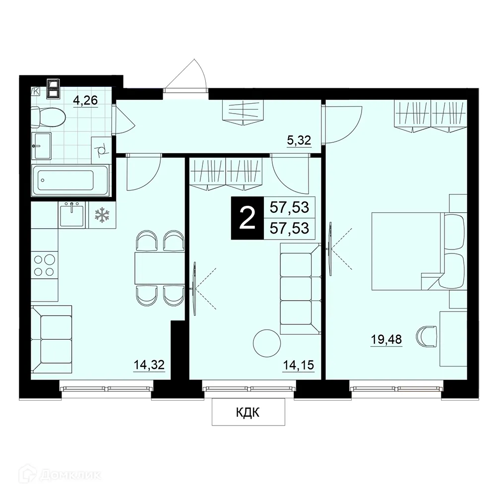 Планировка 2-комнатной квартиры 57.53 м² в ЖК Макрорайон АМГРАД, г. Самара — фото 1