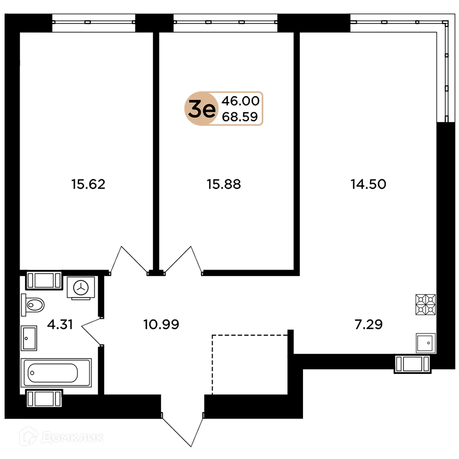 Планировка 3-комнатной квартиры 68.59 м² в ЖК Легенда, г. Самара — фото 1