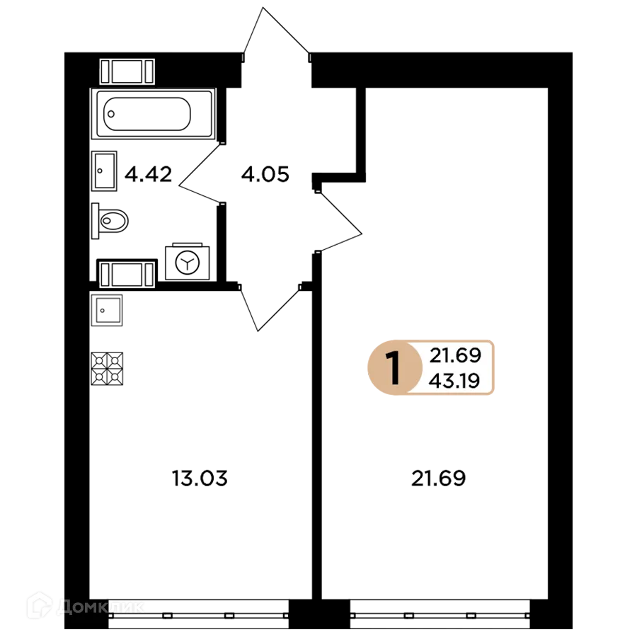 Планировка 1-комнатной квартиры 43.19 м² в ЖК Легенда, г. Самара — фото 1