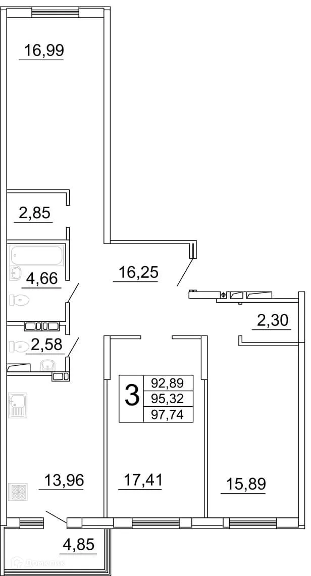 Планировка 3-комнатной квартиры 98.03 м² в ЖК "Дом у Космопорта-2", г. Самара — фото 1