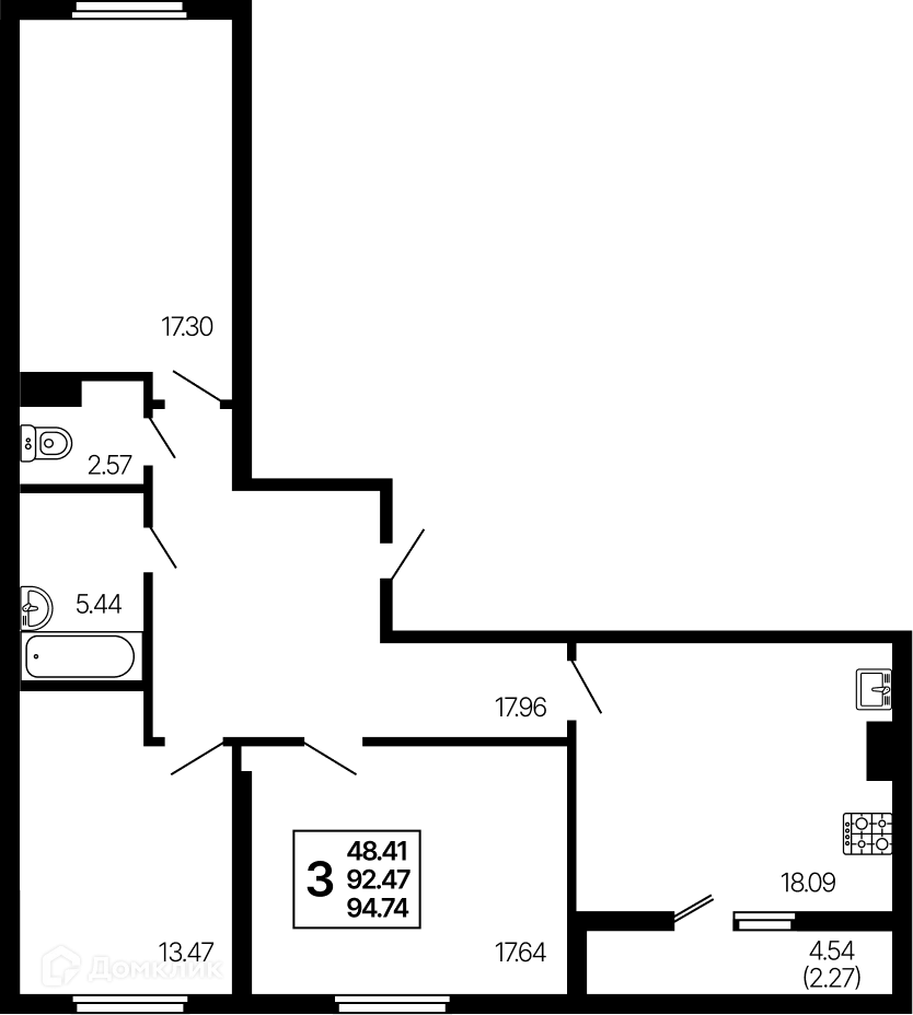 Планировка 3-комнатной квартиры 94.74 м² в ЖК Развитие, г. Самара — фото 1