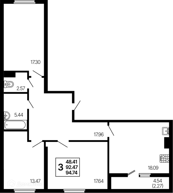 Планировка 3 комн. в ЖК Развитие