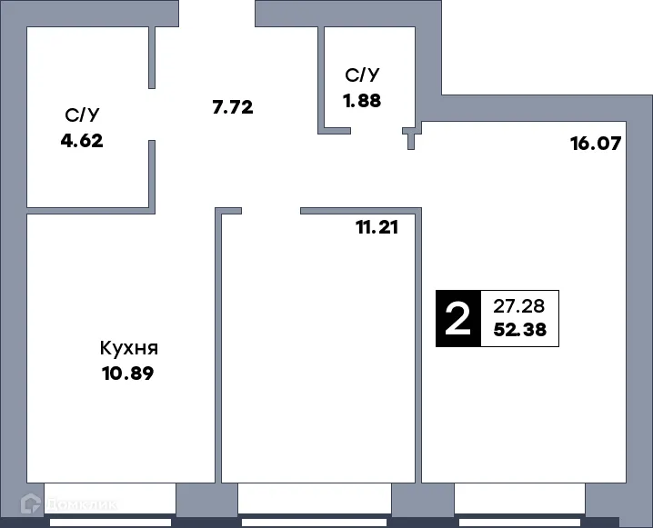 Планировка 2-комнатной квартиры 52.6 м² в ЖК Заречье, г. Самара — фото 1