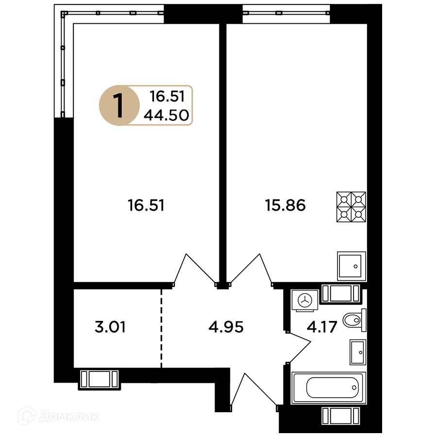 Планировка 1-комнатной квартиры 44.5 м² в ЖК Легенда, г. Самара — фото 1