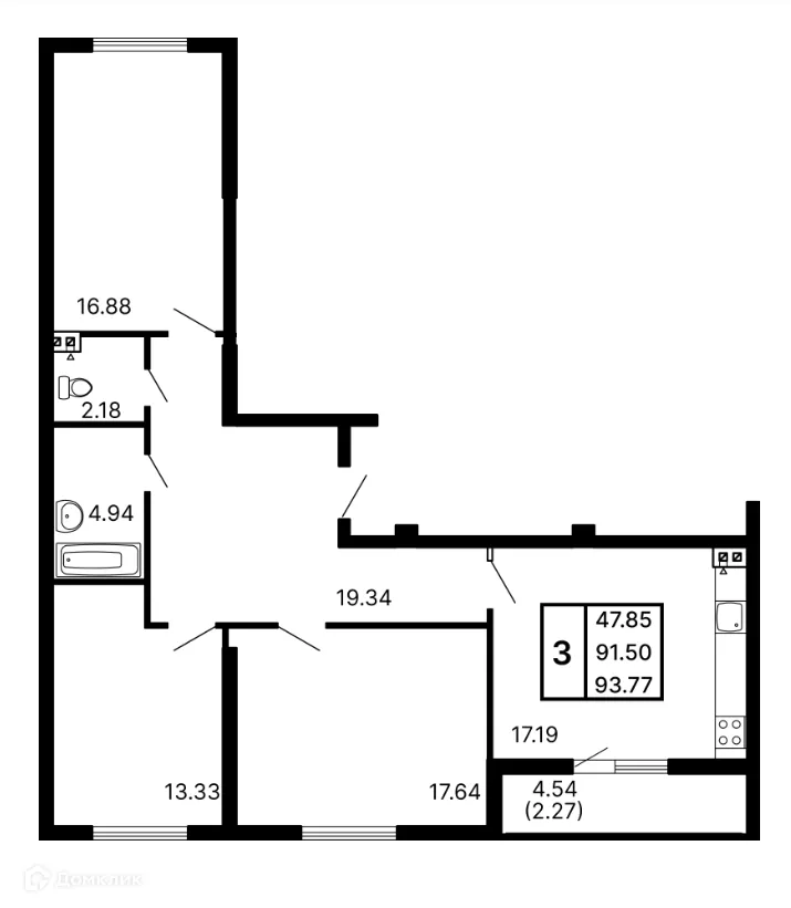 Планировка 3-комнатной квартиры 93.77 м² в ЖК Развитие, г. Самара — фото 1
