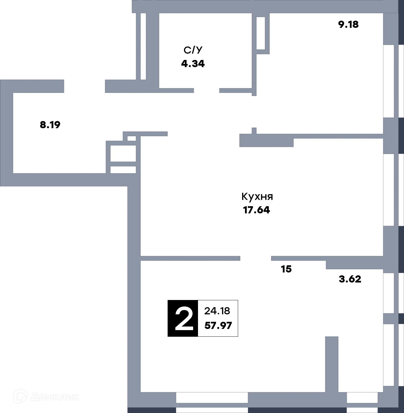 Планировка 2-комнатной квартиры 60.5 м² в ЖК Зеленый квартал, г. Самара — фото 1