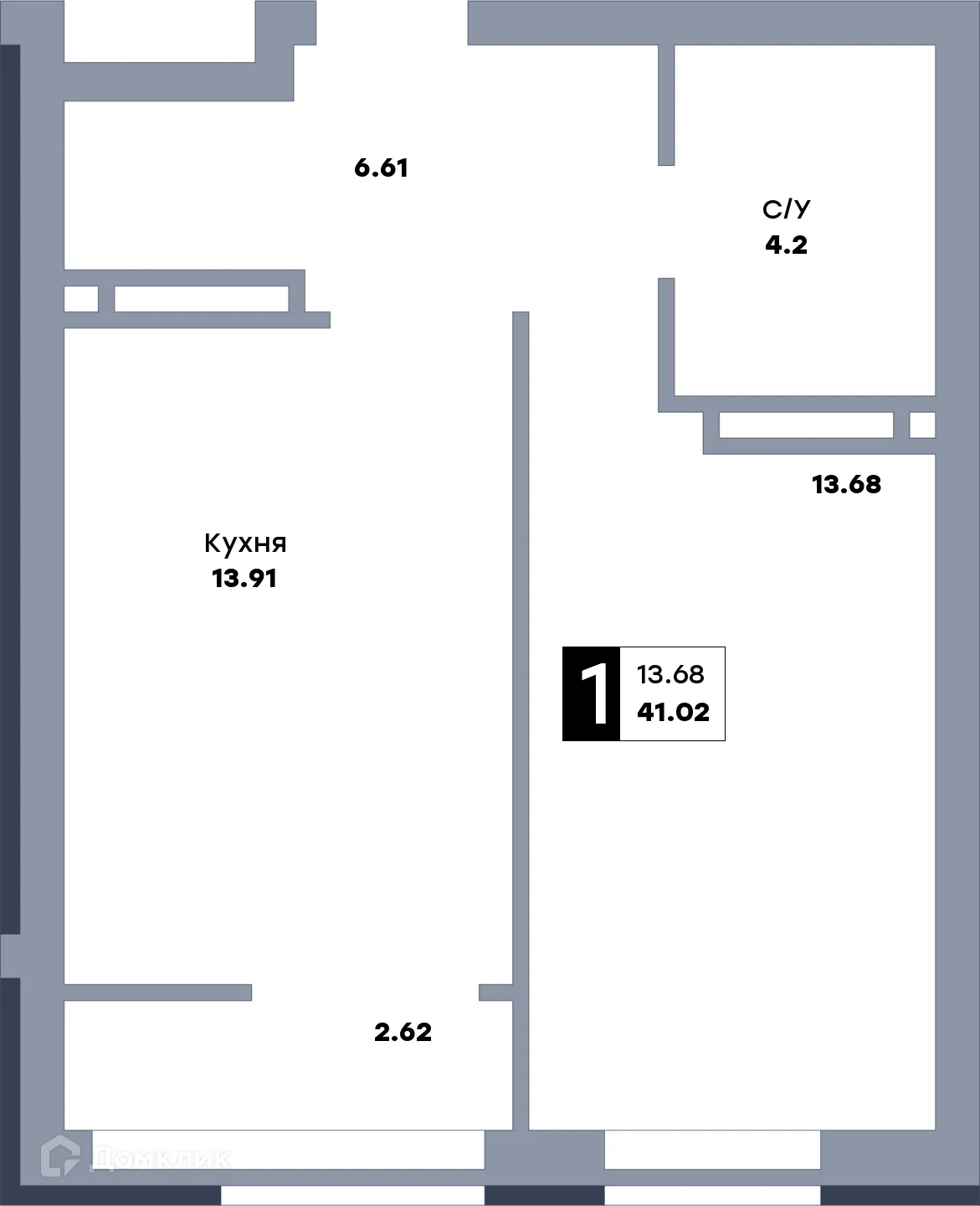 Планировка 1-комнатной квартиры 43.5 м² в ЖК Зеленый квартал, г. Самара — фото 1