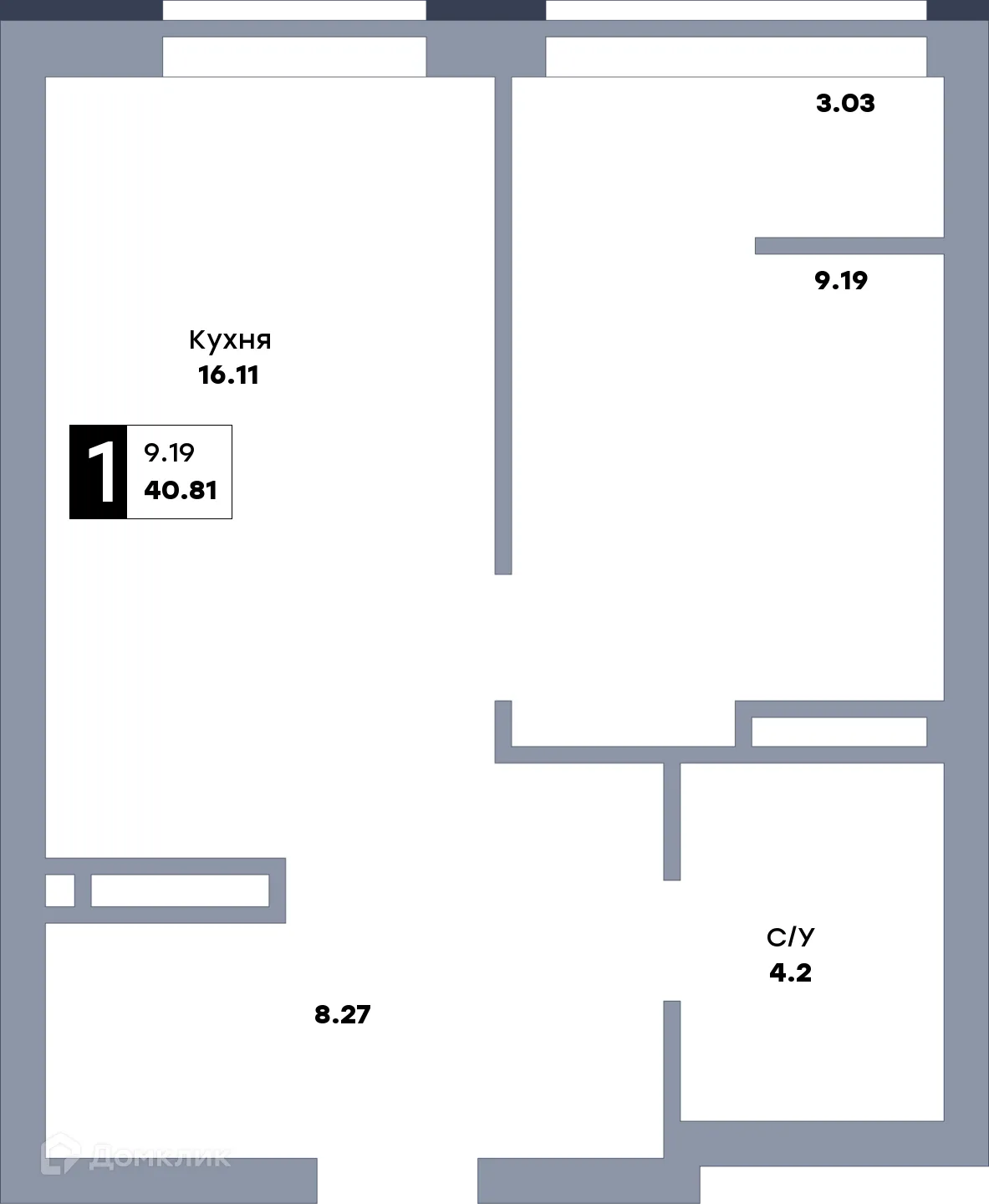 Планировка 1-комнатной квартиры 43 м² в ЖК Зеленый квартал, г. Самара — фото 3