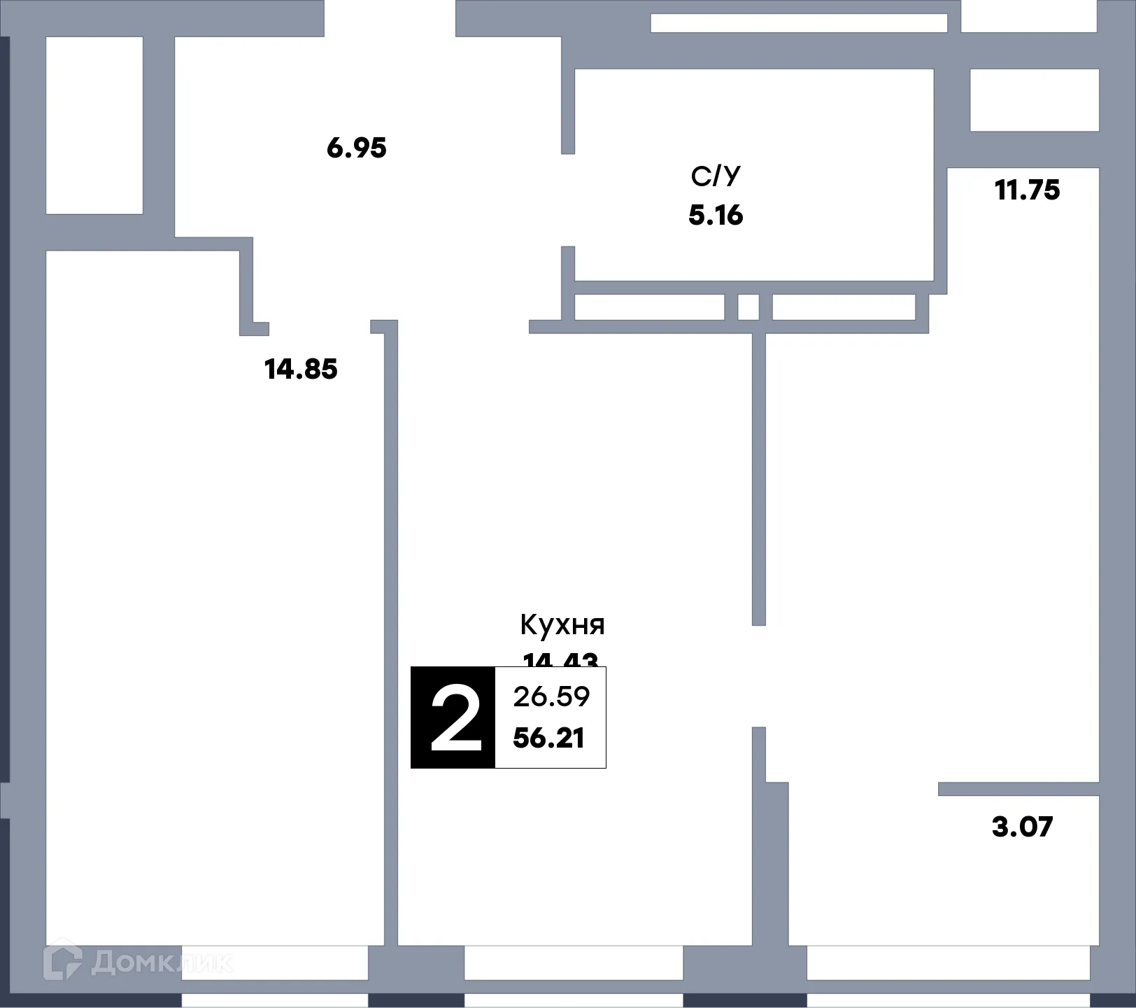 Планировка 2-комнатной квартиры 59.1 м² в ЖК Зеленый квартал, г. Самара — фото 1