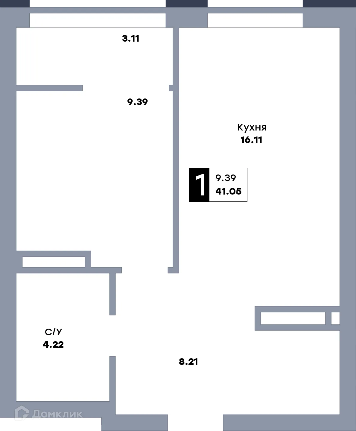 Планировка 1-комнатной квартиры 43.6 м² в ЖК Зеленый квартал, г. Самара — фото 1
