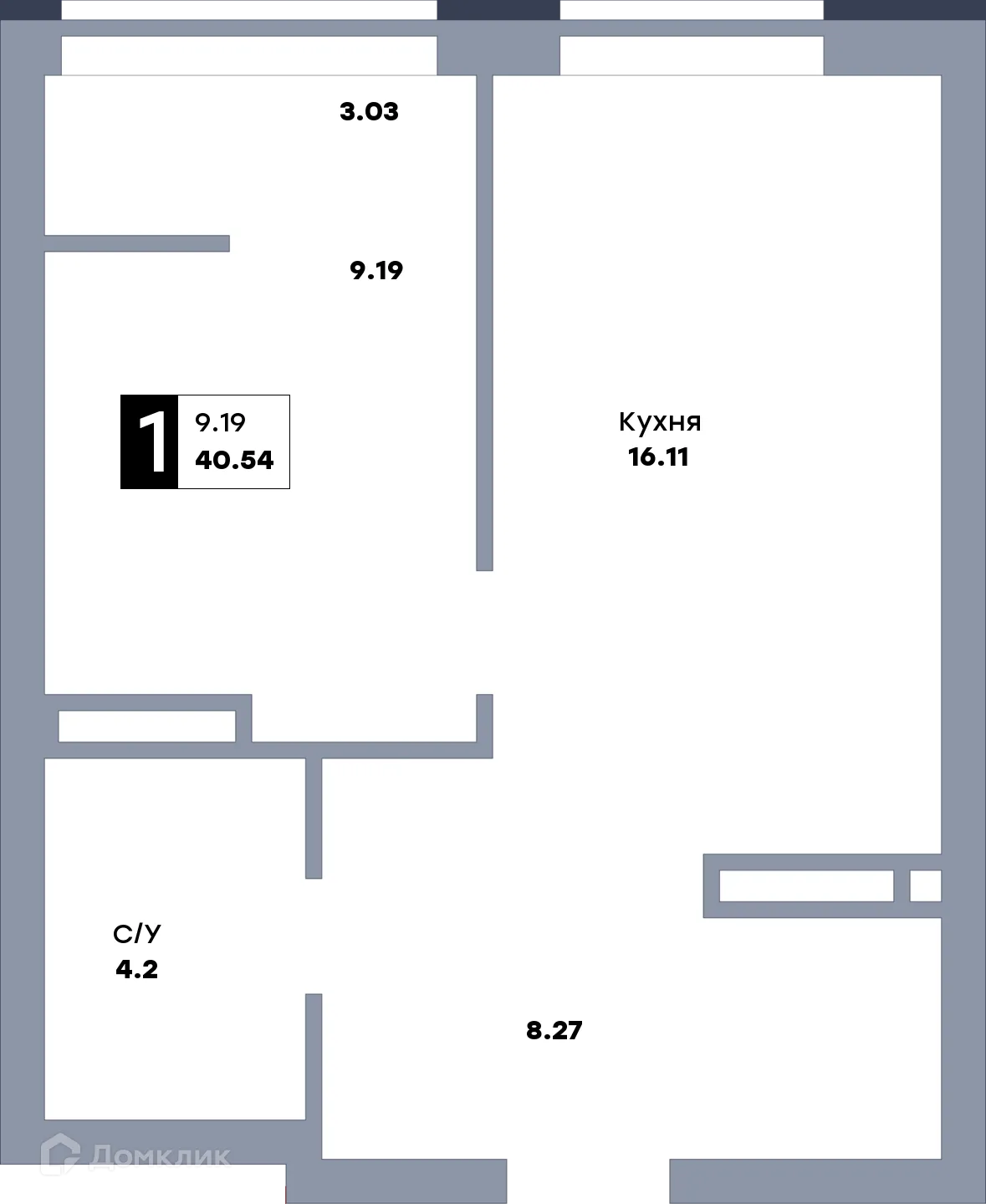 Планировка 1-комнатной квартиры 41.9 м² в ЖК Зеленый квартал, г. Самара — фото 1
