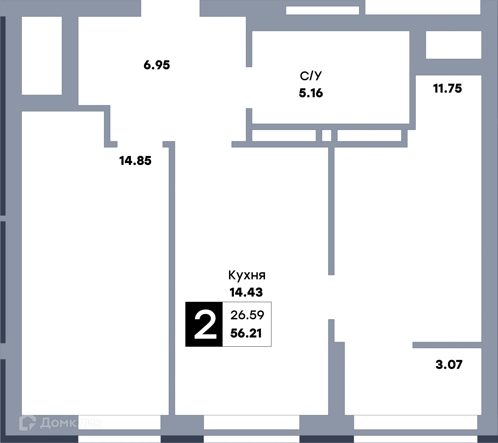Планировка 2-комнатной квартиры 58.6 м² в ЖК Зеленый квартал, г. Самара — фото 1