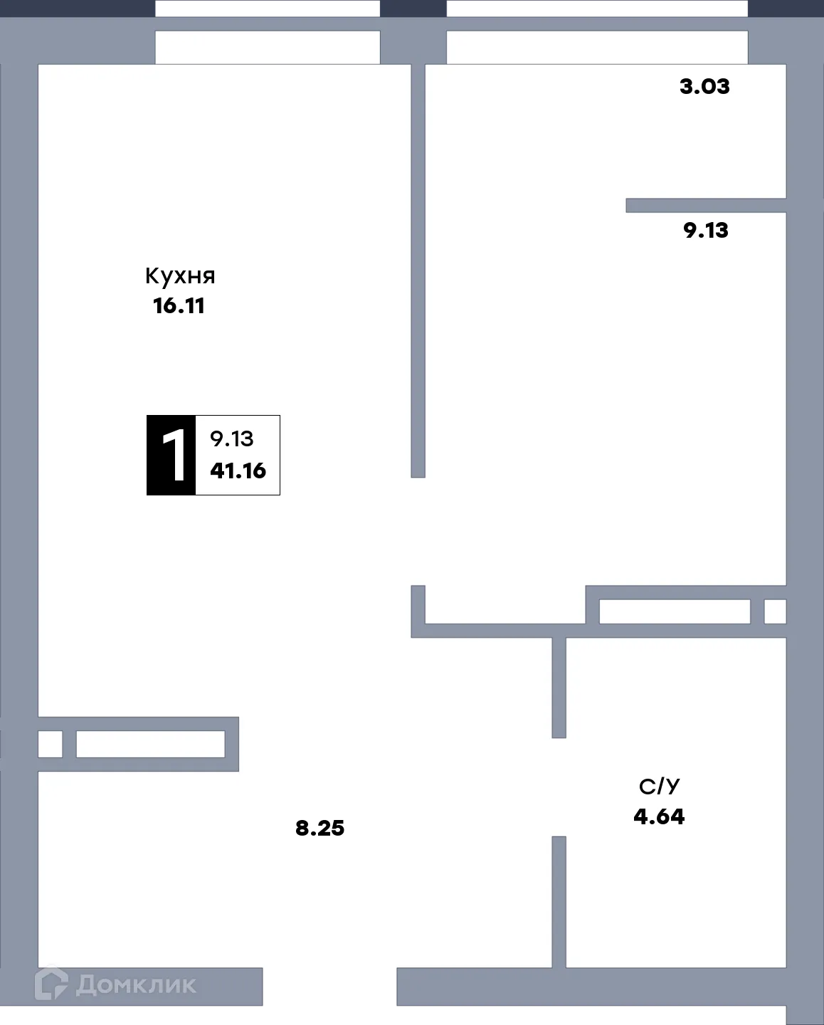 Планировка 1-комнатной квартиры 43.3 м² в ЖК Зеленый квартал, г. Самара — фото 1