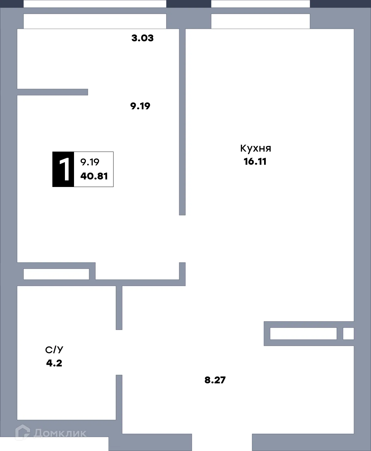 Планировка 1-комнатной квартиры 43.1 м² в ЖК Зеленый квартал, г. Самара — фото 1