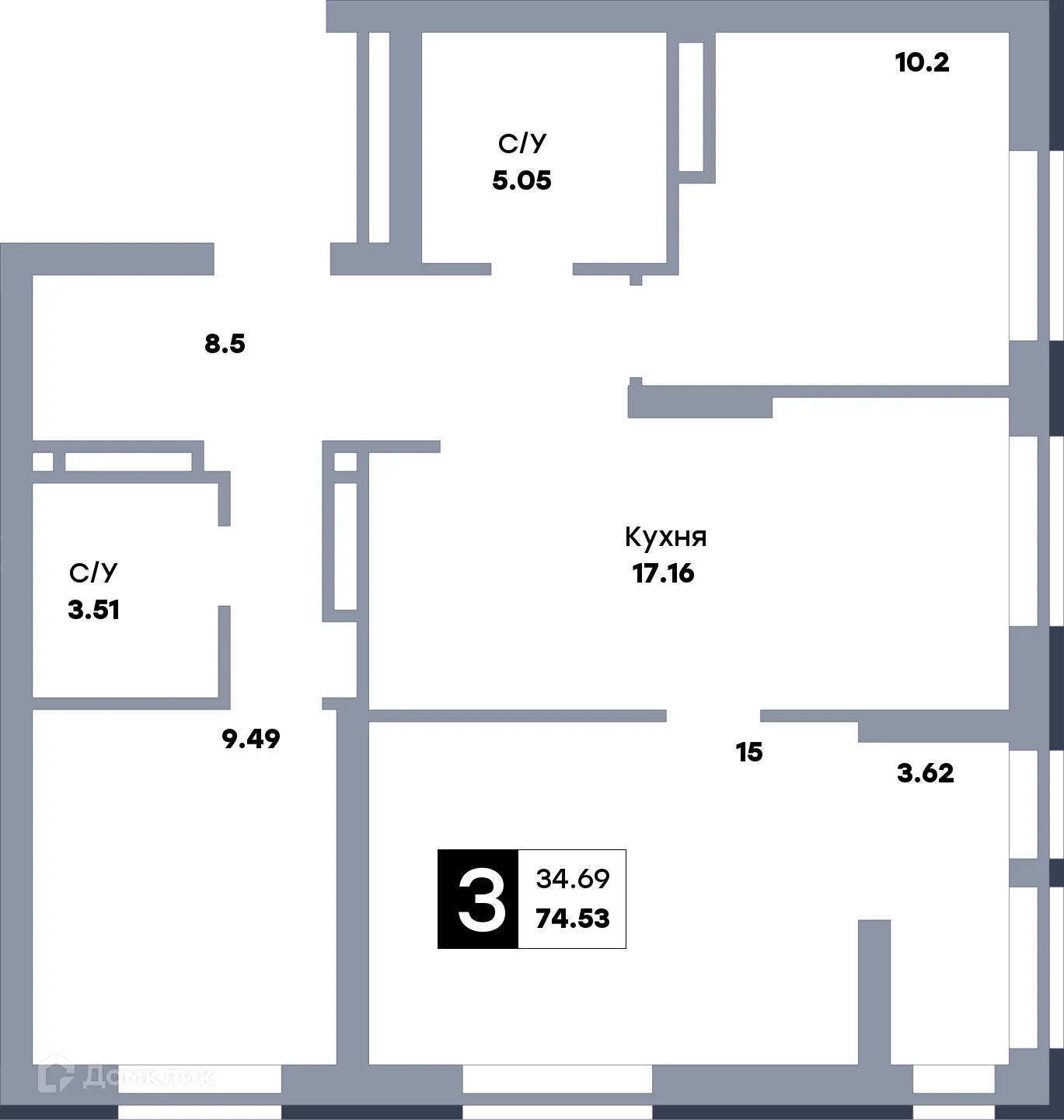 Планировка 3-комнатной квартиры 77.8 м² в ЖК Зеленый квартал, г. Самара — фото 1