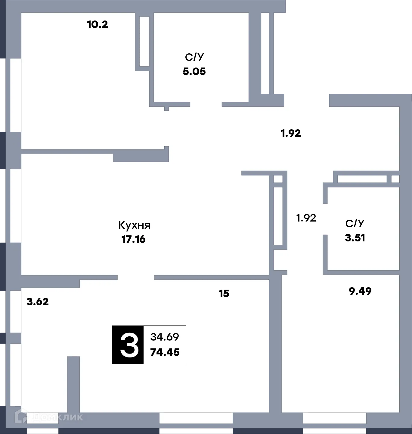 Планировка 3-комнатной квартиры 78.4 м² в ЖК Зеленый квартал, г. Самара — фото 1